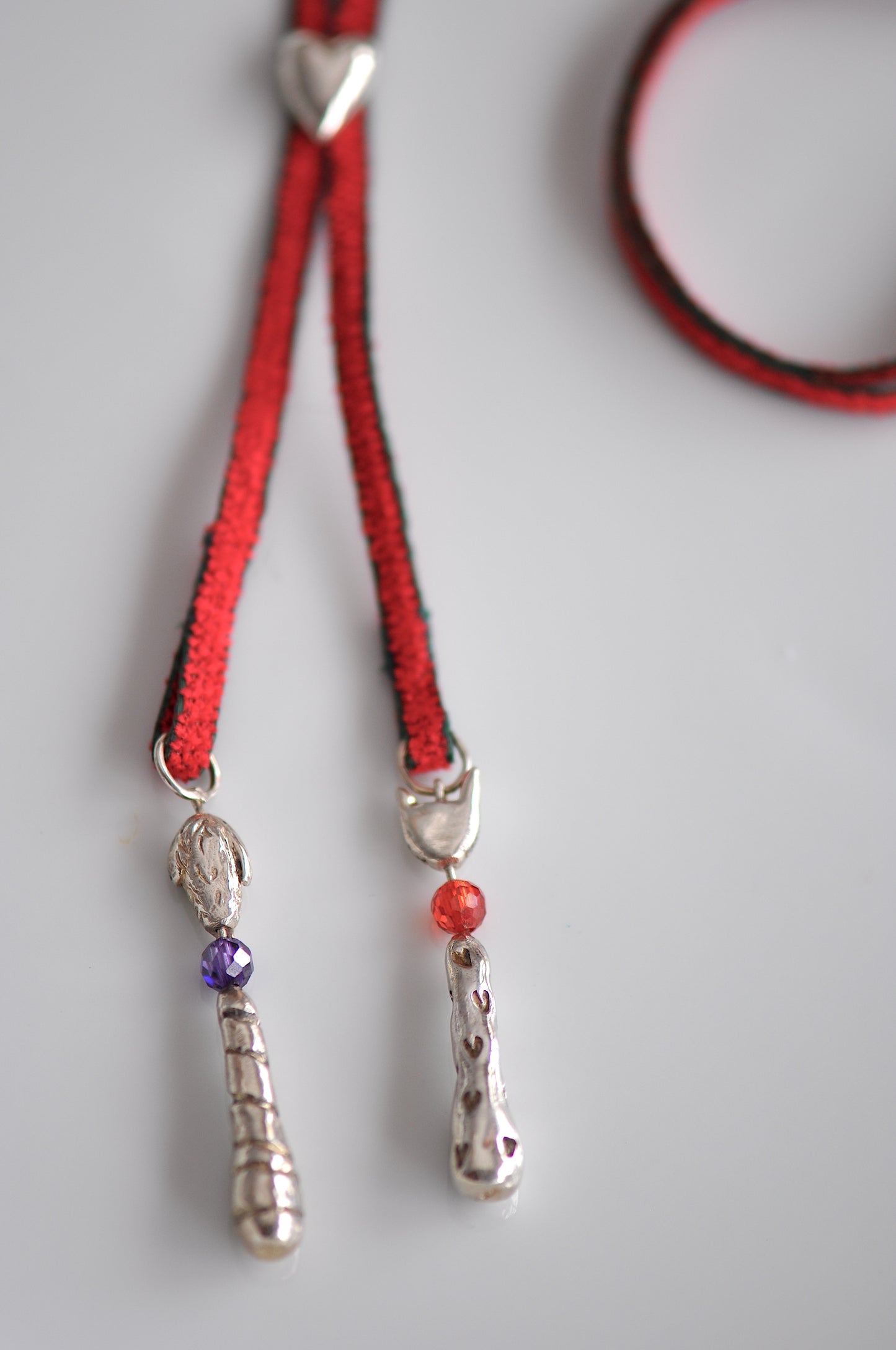 Whimsical Cat & Dog Silver Charms, long Lariat Necklace