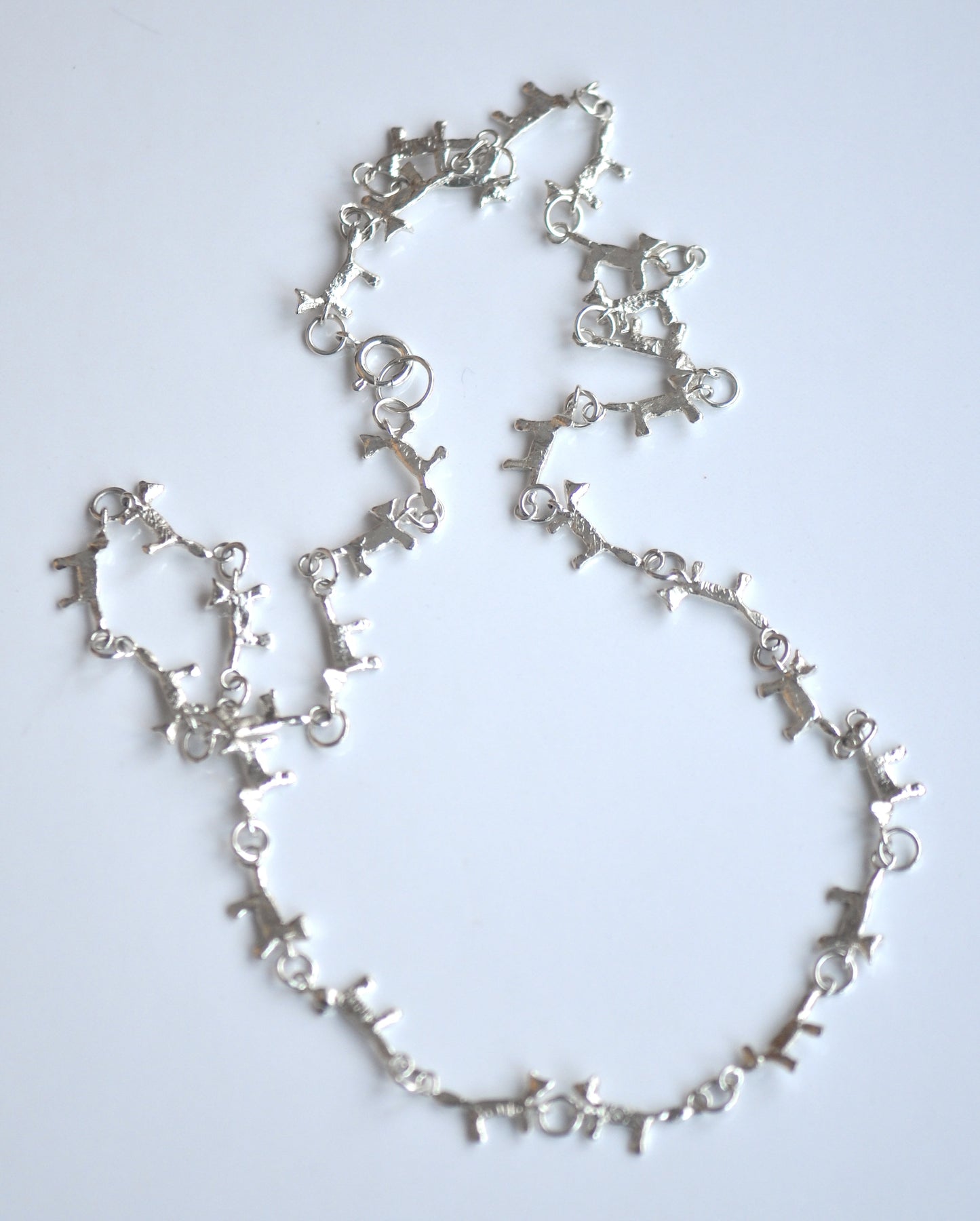 Cat Silver Necklace, Small Cat links Long necklace, Handmade Jewelry with Story