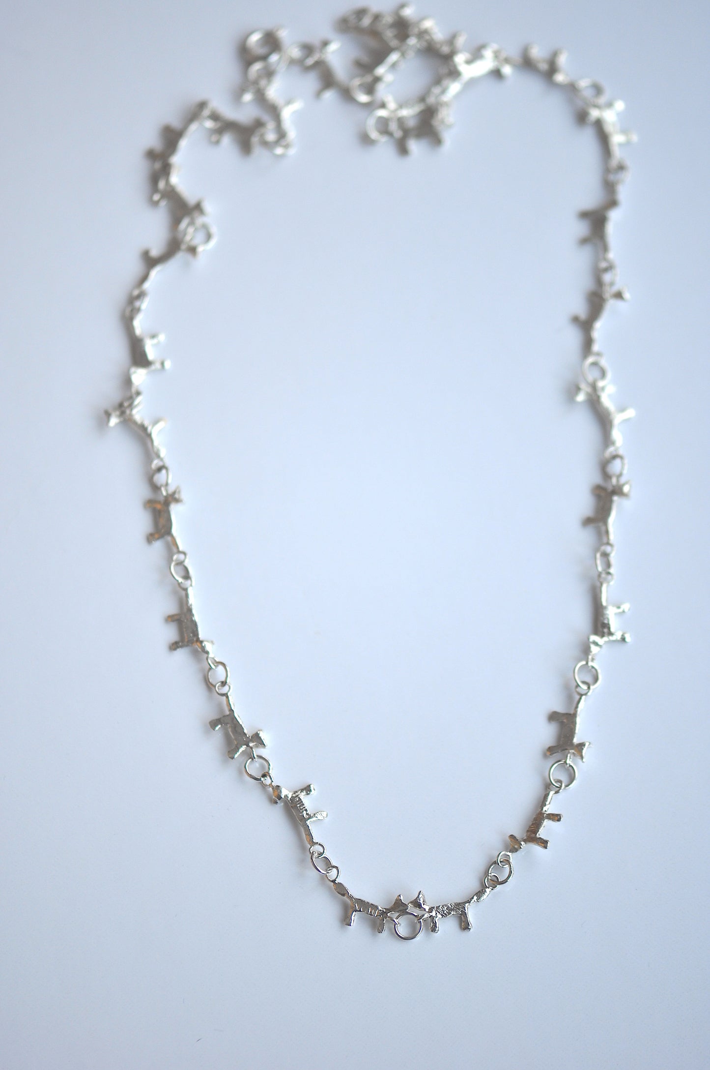 Cat Silver Necklace, Small Cat links Long necklace, Handmade Jewelry with Story