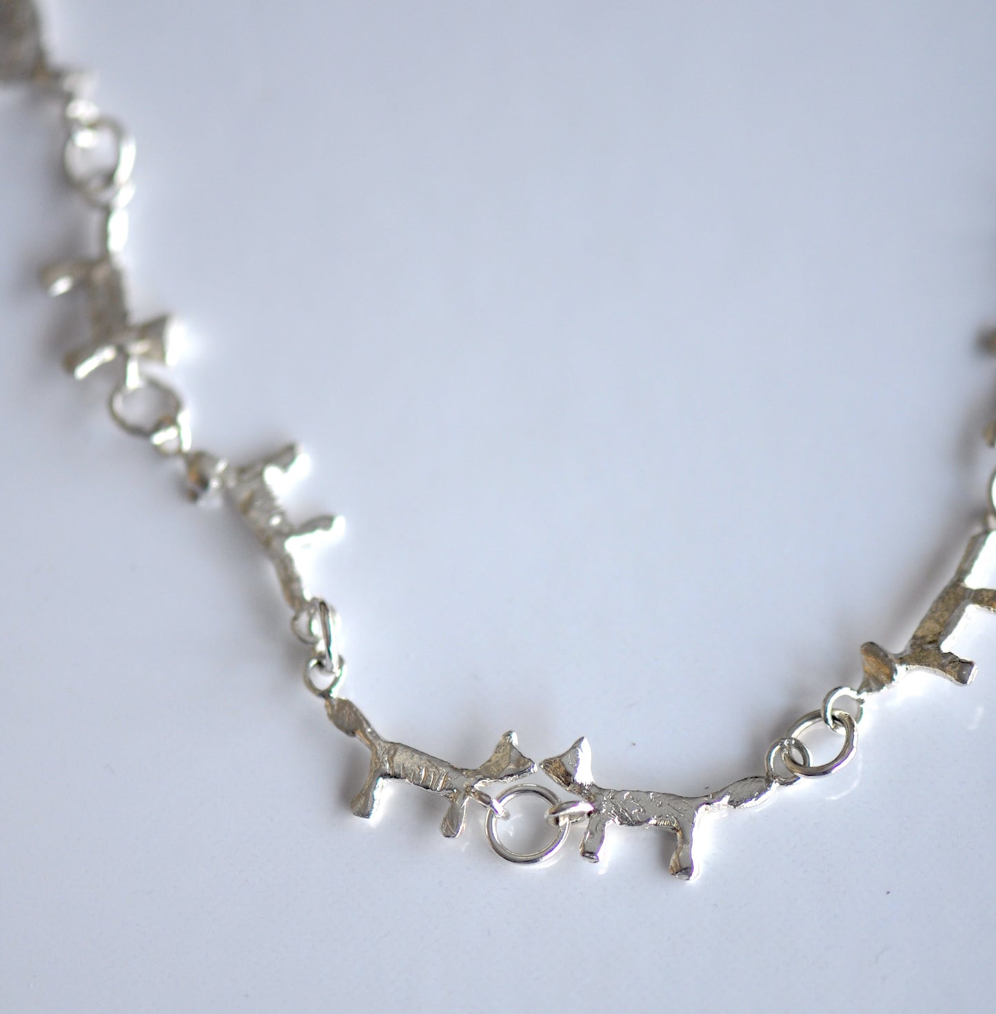 Cat Silver Necklace, Small Cat links Long necklace, Handmade Jewelry with Story