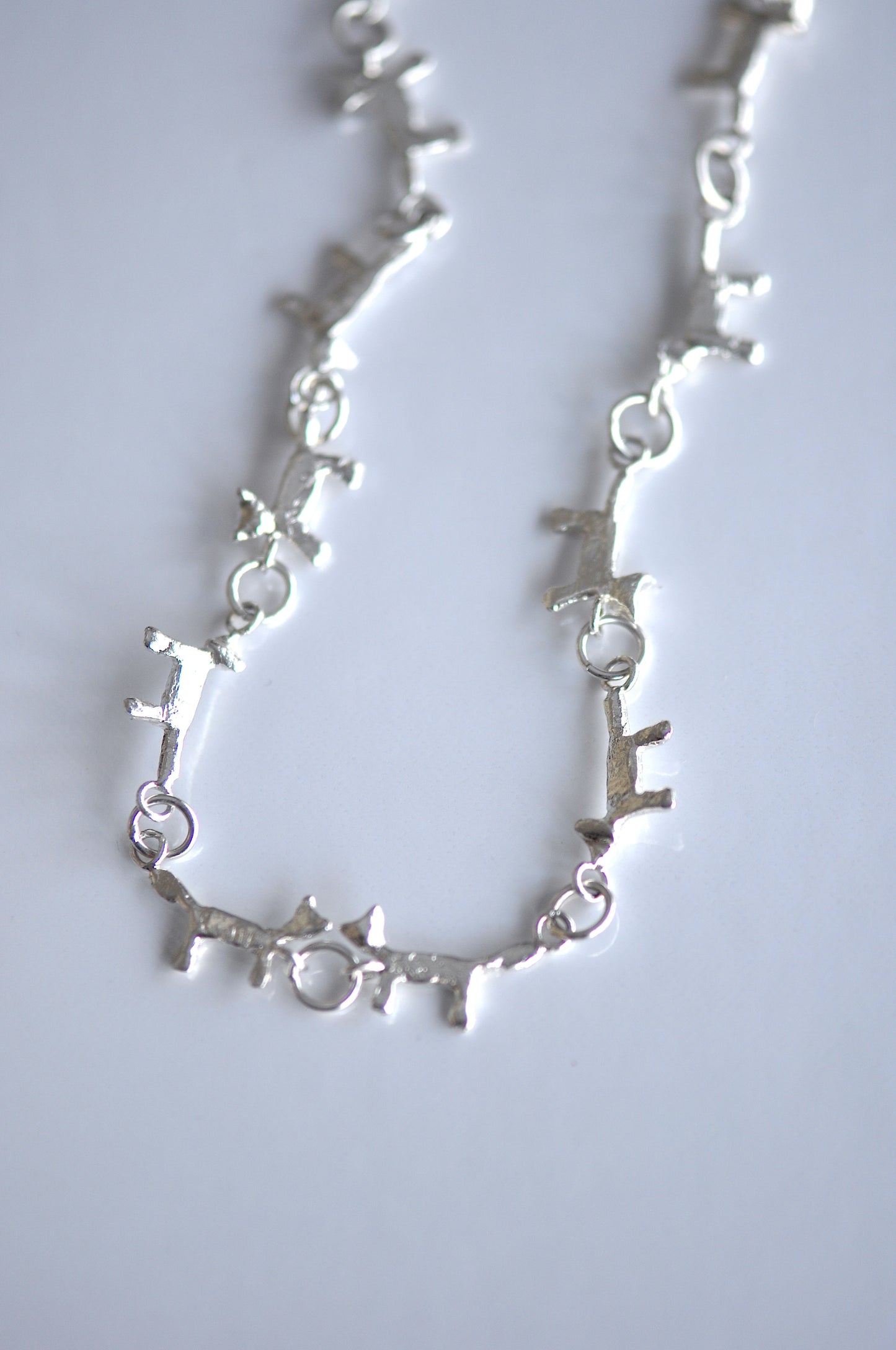 Cat Silver Necklace, Small Cat links Long necklace, Handmade Jewelry with Story