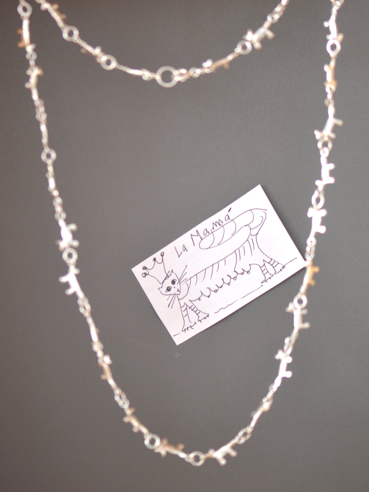Cat Silver Necklace, Small Cat links Long necklace, Handmade Jewelry with Story