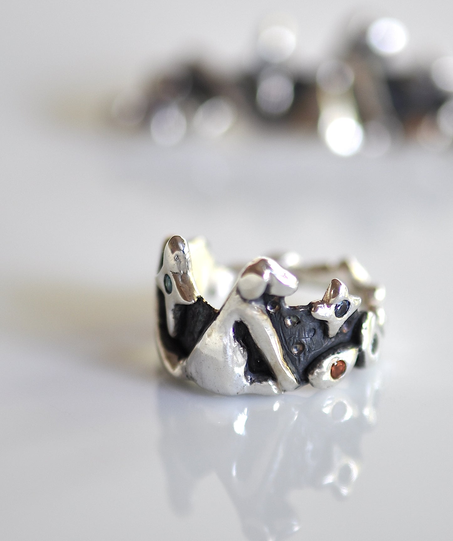 Silver Dog Ring with Gemstones