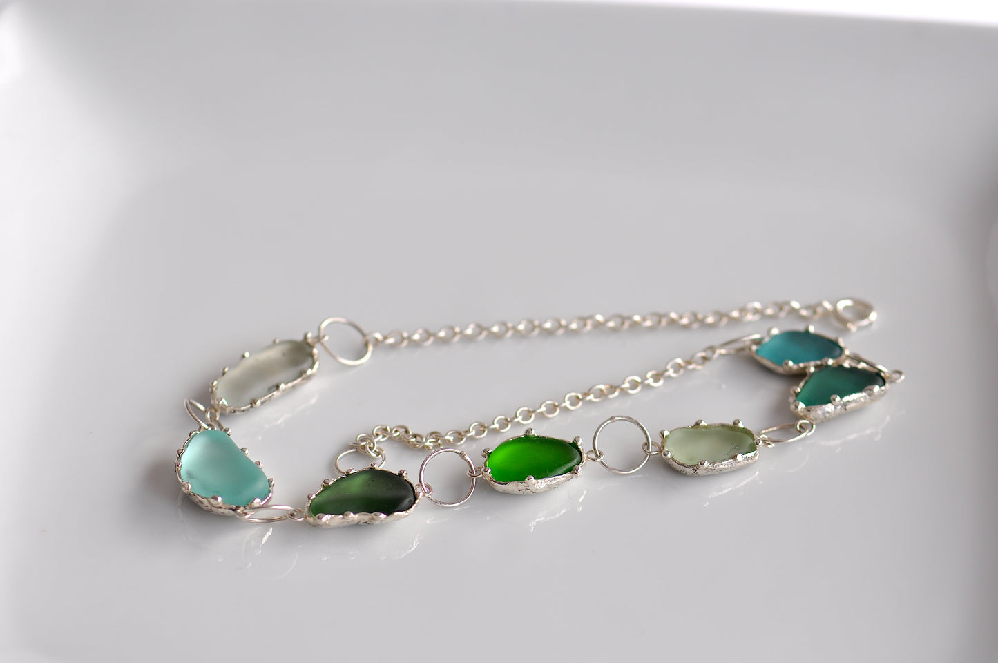 One-of-a-Kind Statement Sea Glass Necklace with Handpicked Stones in Etched Silver