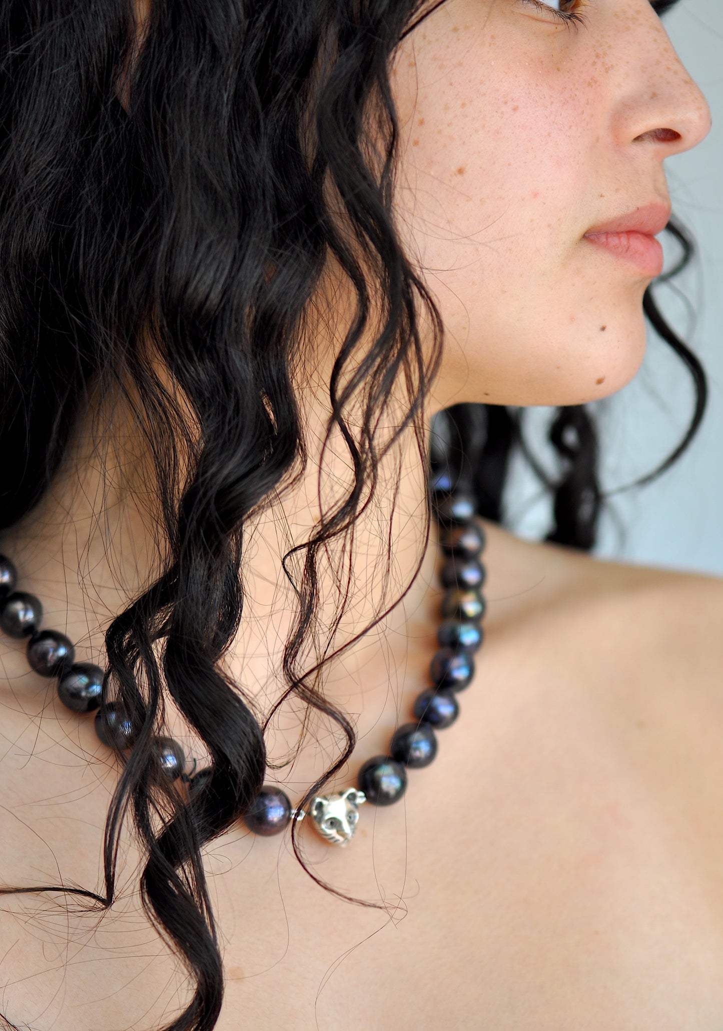 Black Pearl Cat Necklace — Handmade Freshwater Pearl Necklace with Silver Cat Charm | Statement Jewelry