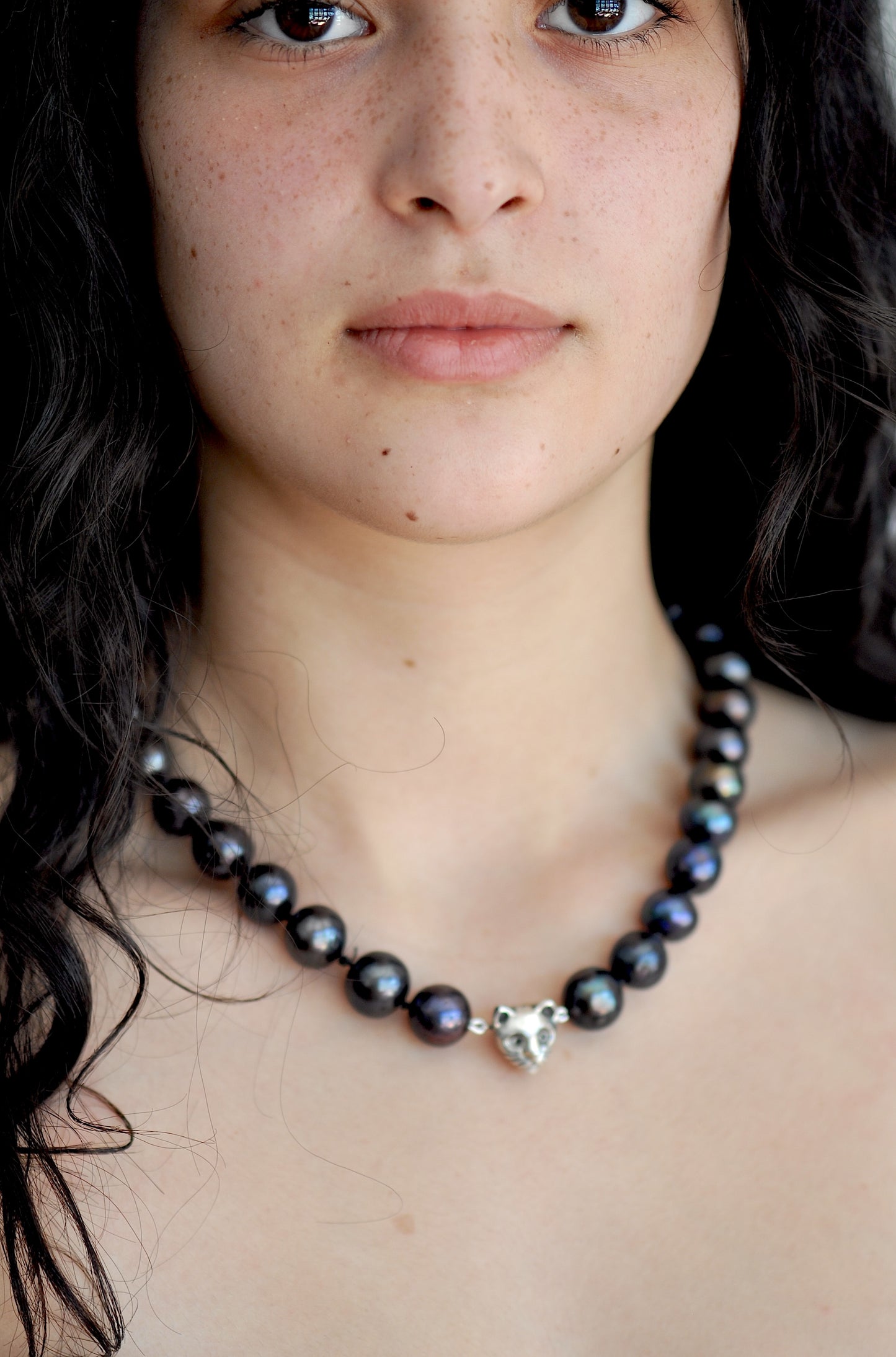 big black pearls necklace with silver cat face charmn