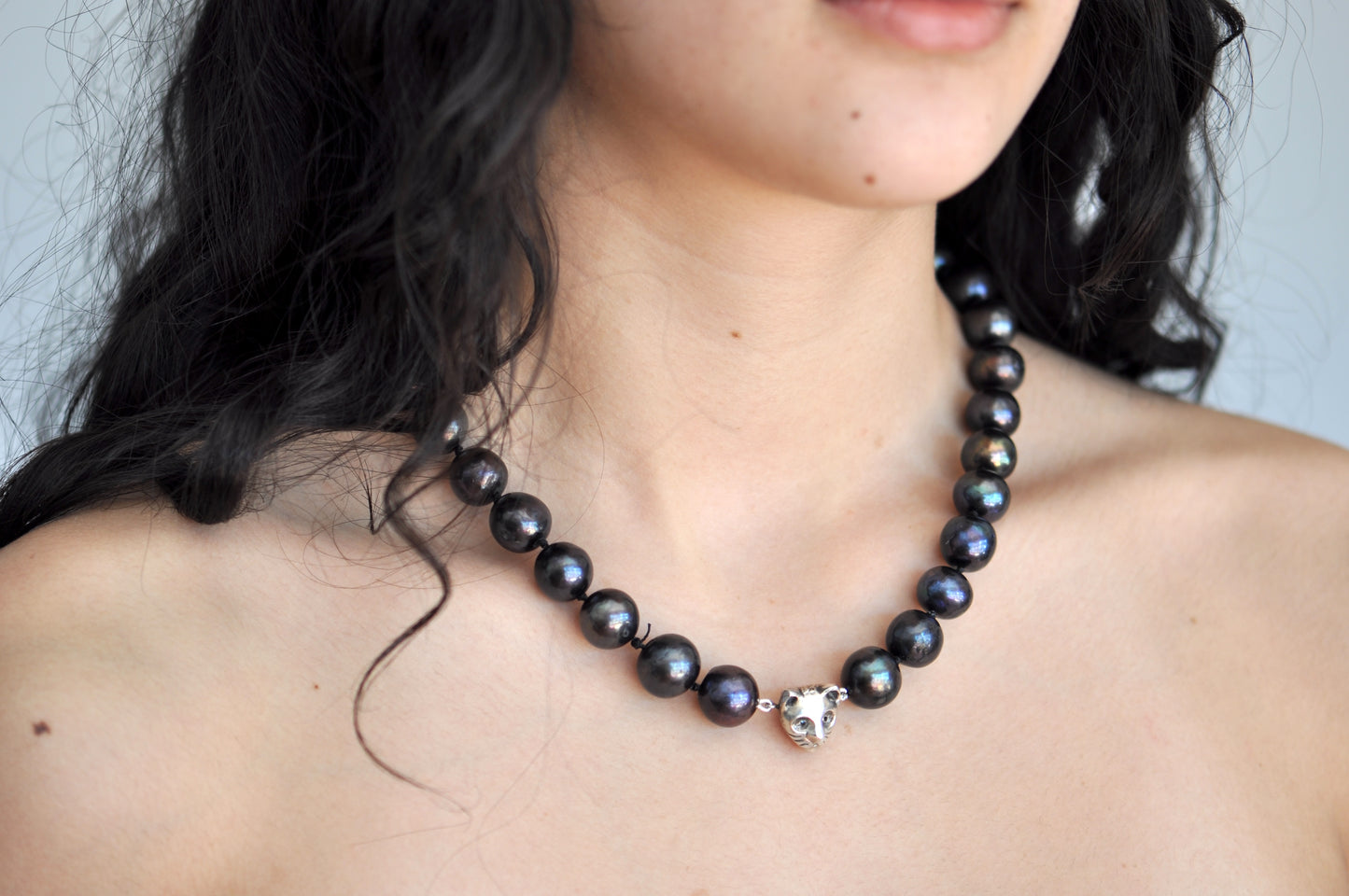 Black Pearl Cat Necklace — Handmade Freshwater Pearl Necklace with Silver Cat Charm | Statement Jewelry