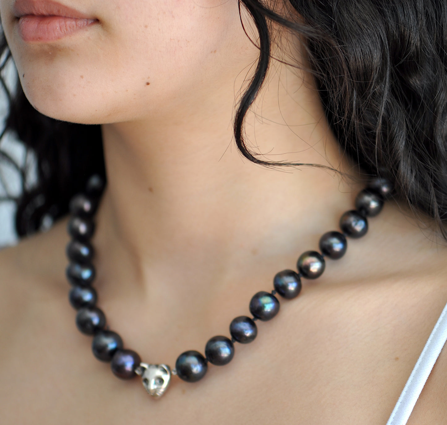 Black Pearl Cat Necklace — Handmade Freshwater Pearl Necklace with Silver Cat Charm | Statement Jewelry