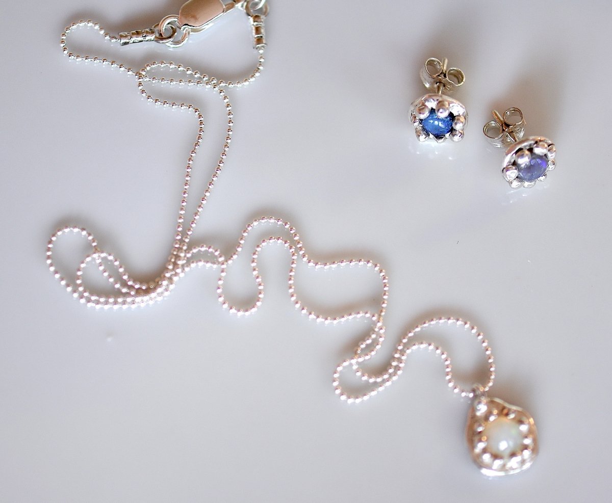 Australian Opal Necklace & Earrings Set — Dainty Wildflower Silver Jewelry | Handmade Bridal - The Jewels You love