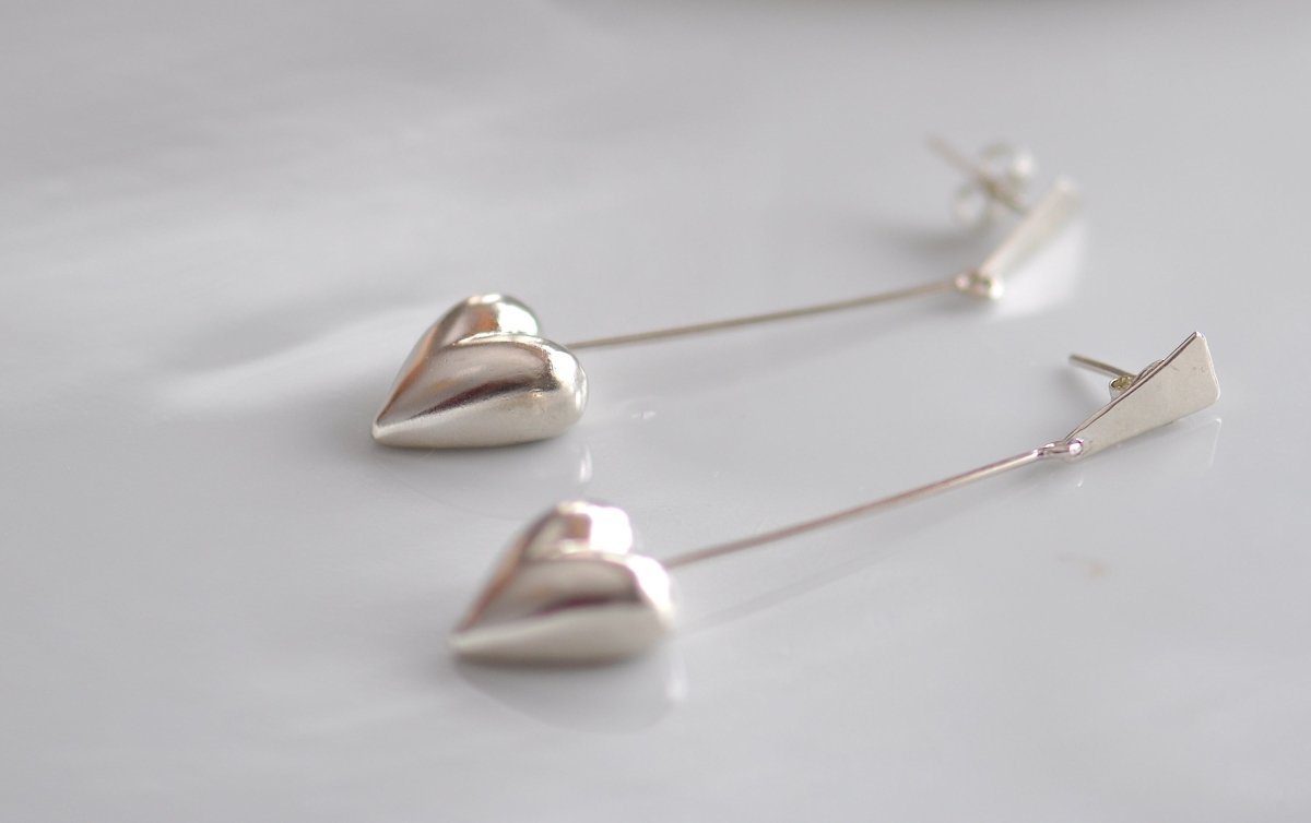 Handmade sterling silver big heart dangle earrings with reversible hollow and solid design, whimsical heart jewelry