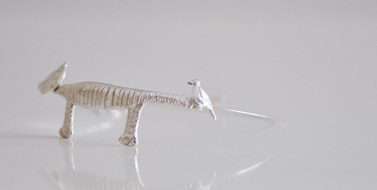 Handmade sterling silver cat and bird choker necklace, articulated pendant, whimsical cat jewelry, made in Barcelona
