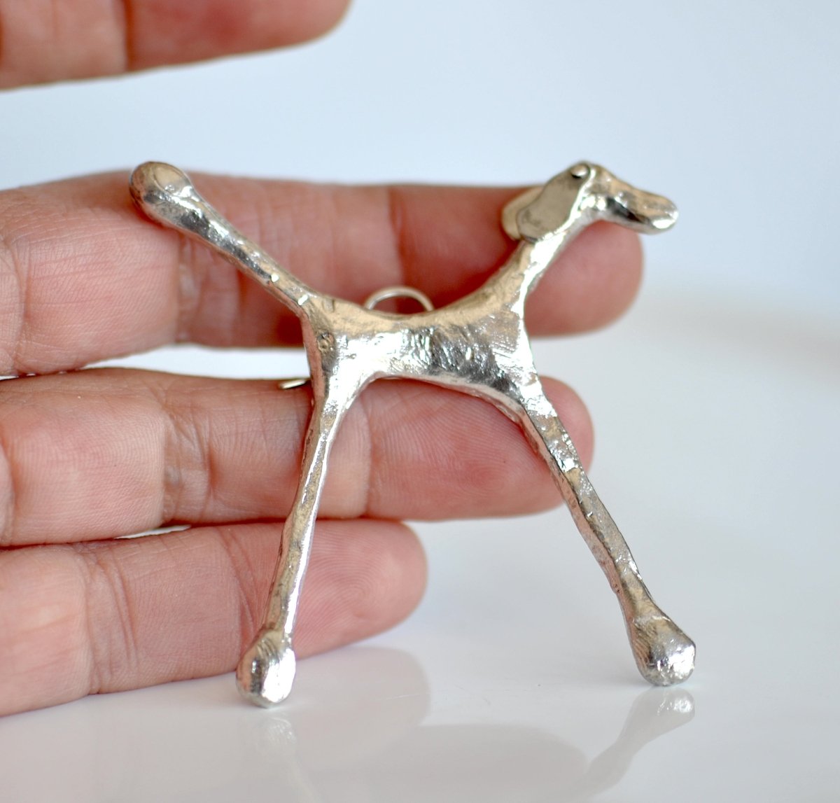 Handmade silver sculptural dog brooch with articulated ears, Wearable art, made in Barcelona, dog lovers jewelry gift