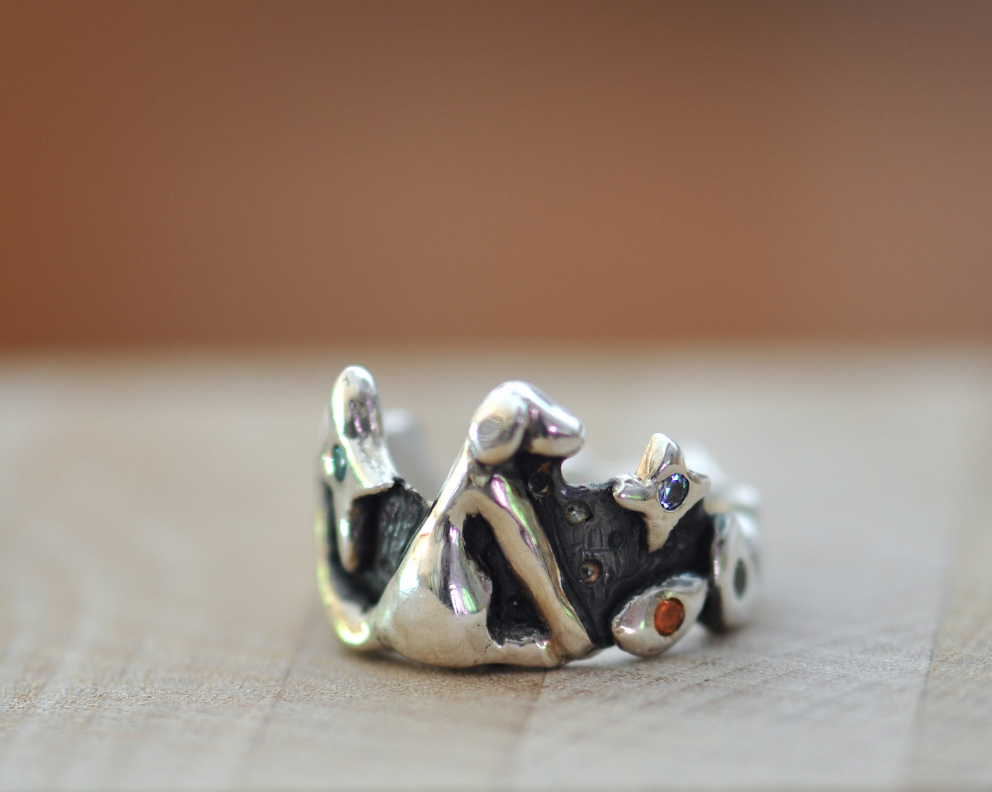 black silver patina dog ring with gemstones