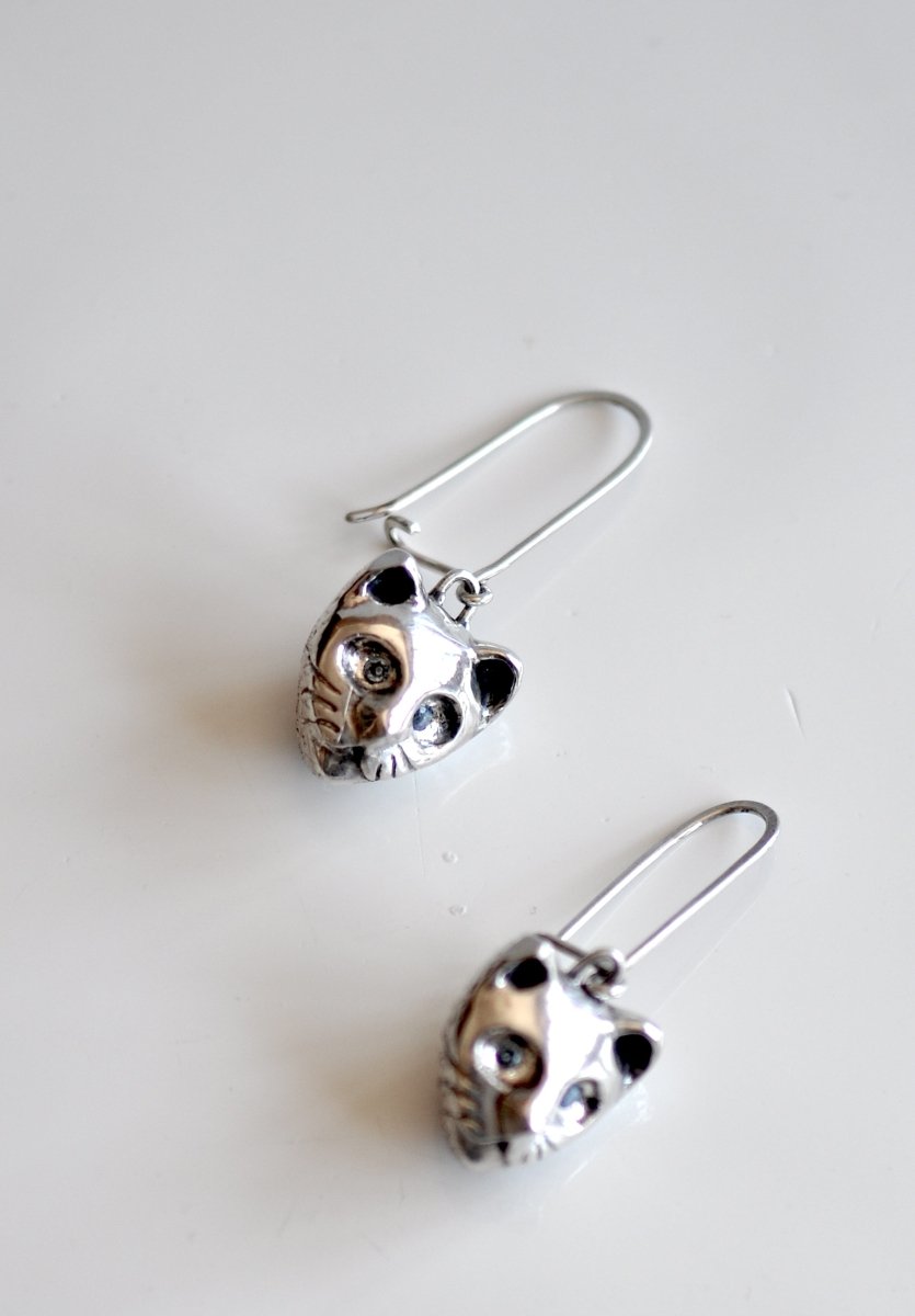Sterling Silver Cat Earrings with Aquamarine — Dangle Cat Face Earrings | Handmade Cat Lover Gift