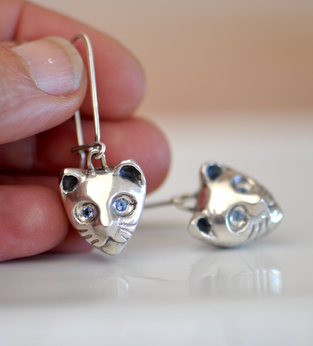 Sterling Silver Cat Earrings with Aquamarine — Dangle Cat Face Earrings | Handmade Cat Lover Gift