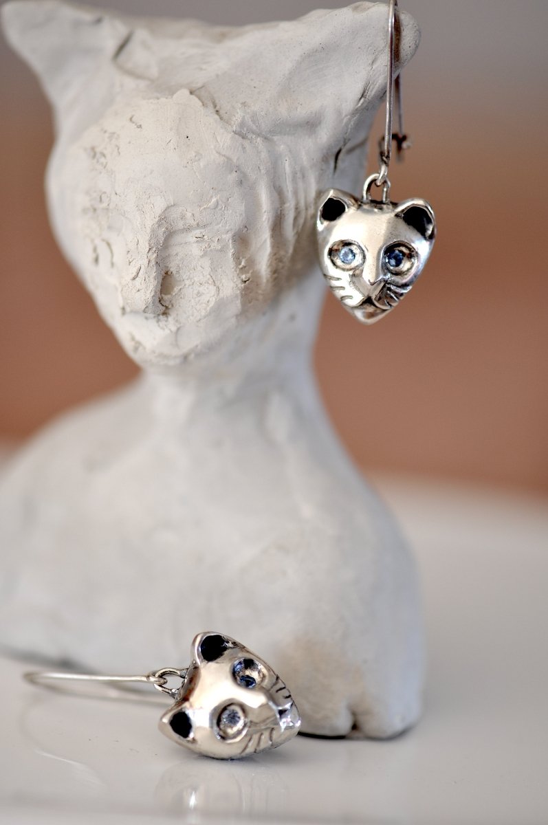 Sterling Silver Cat Earrings with Aquamarine — Dangle Cat Face Earrings | Handmade Cat Lover Gift
