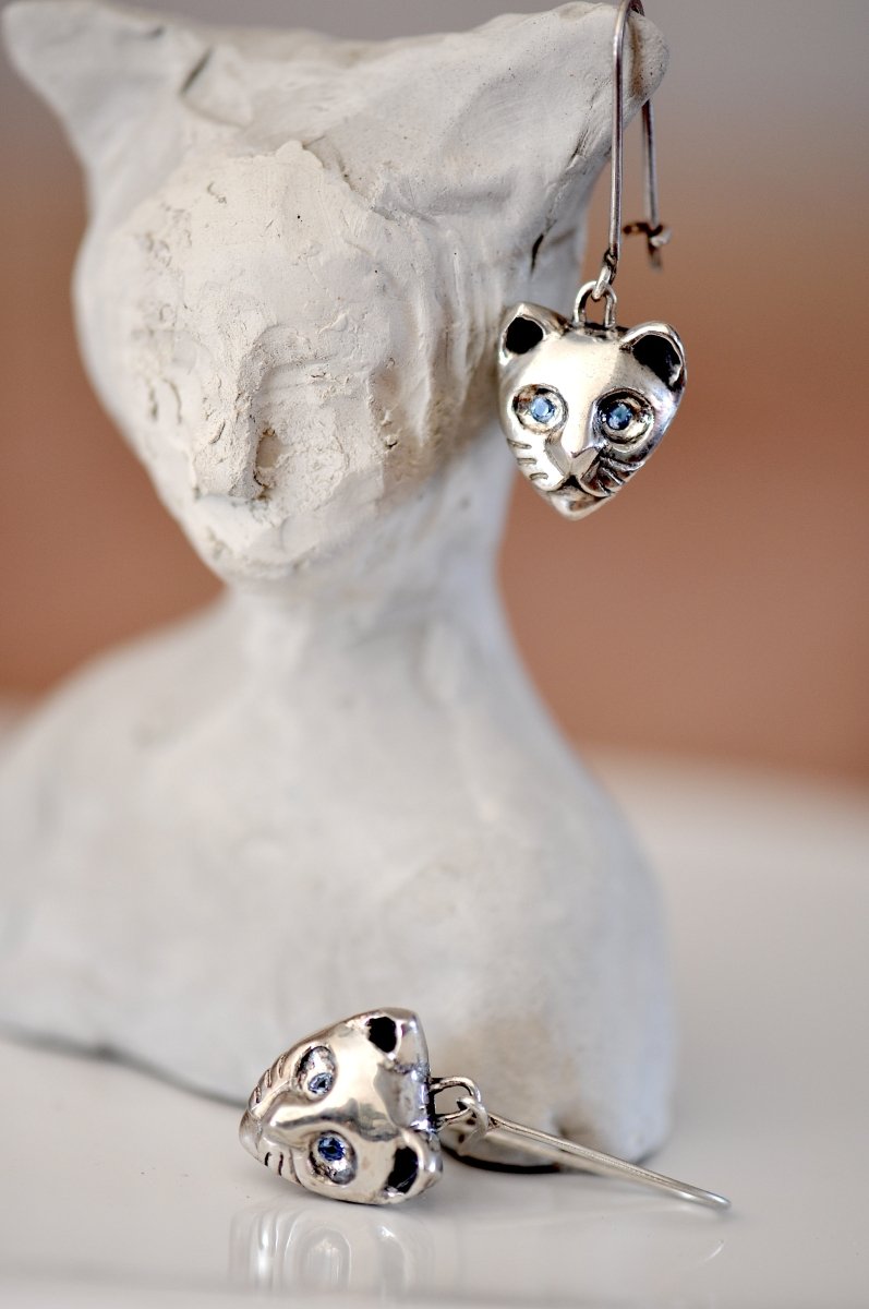 Sterling Silver Cat Earrings with Aquamarine — Dangle Cat Face Earrings | Handmade Cat Lover Gift