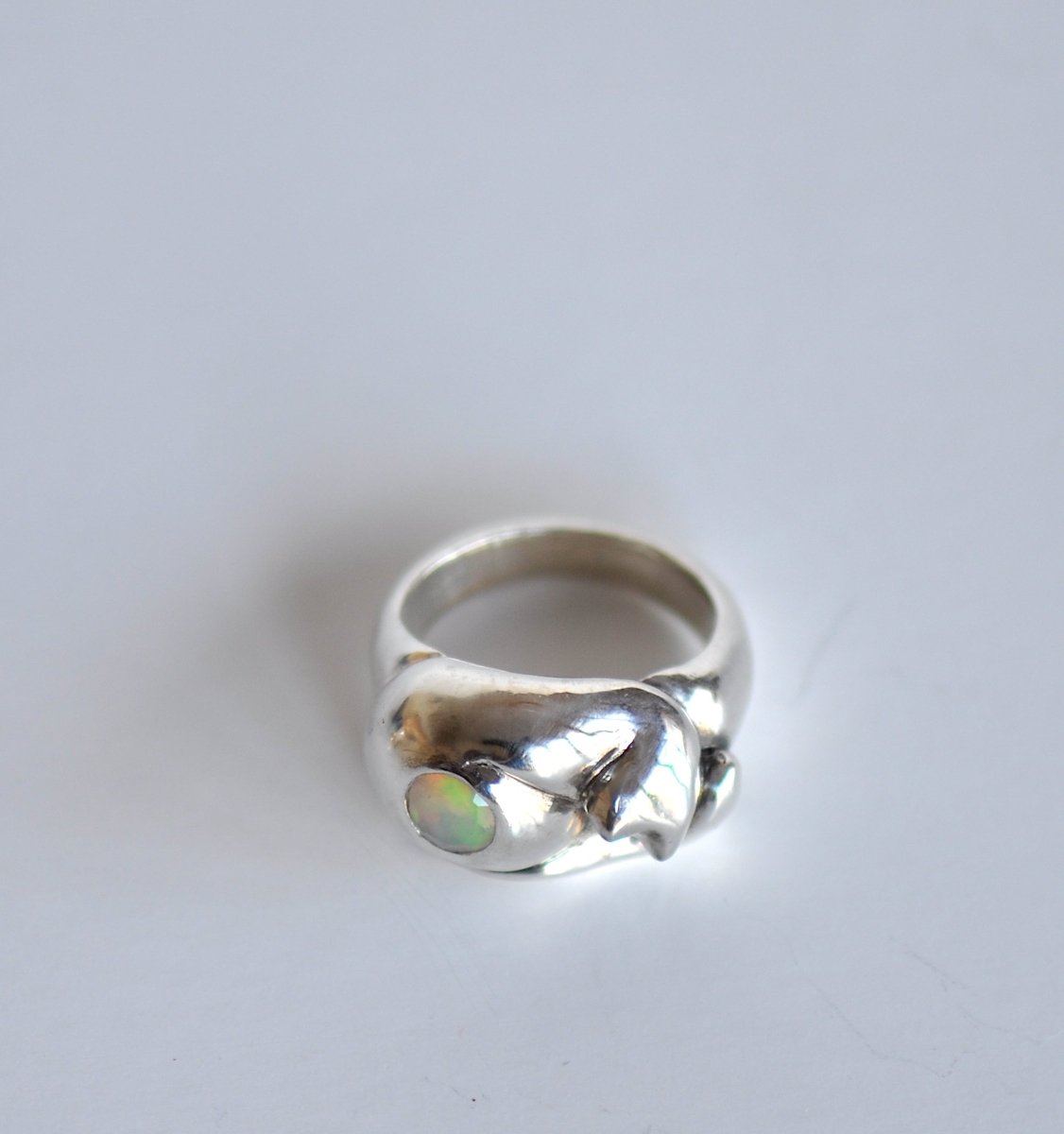 Sterling Silver Cat Ring with Opal — Handmade Cat Jewelry with Tahitian Opal | Cat Lover Gift