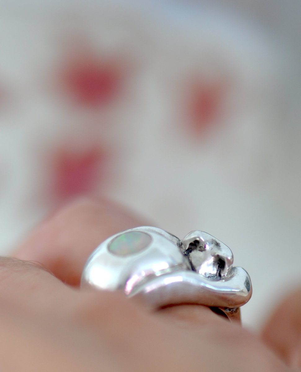 Sterling Silver Cat Ring with Opal — Handmade Cat Jewelry with Tahitian Opal | Cat Lover Gift