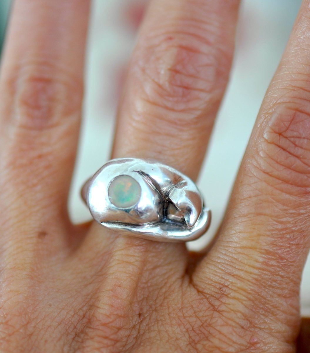 Sterling Silver Cat Ring with Opal — Handmade Cat Jewelry with Tahitian Opal | Cat Lover Gift