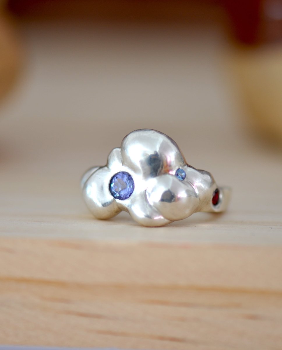 Sterling Silver Cloud Ring — Tanzanite, Aquamarine & Ruby Gemstone Ring | Handmade Statement Ring - The Jewels You love