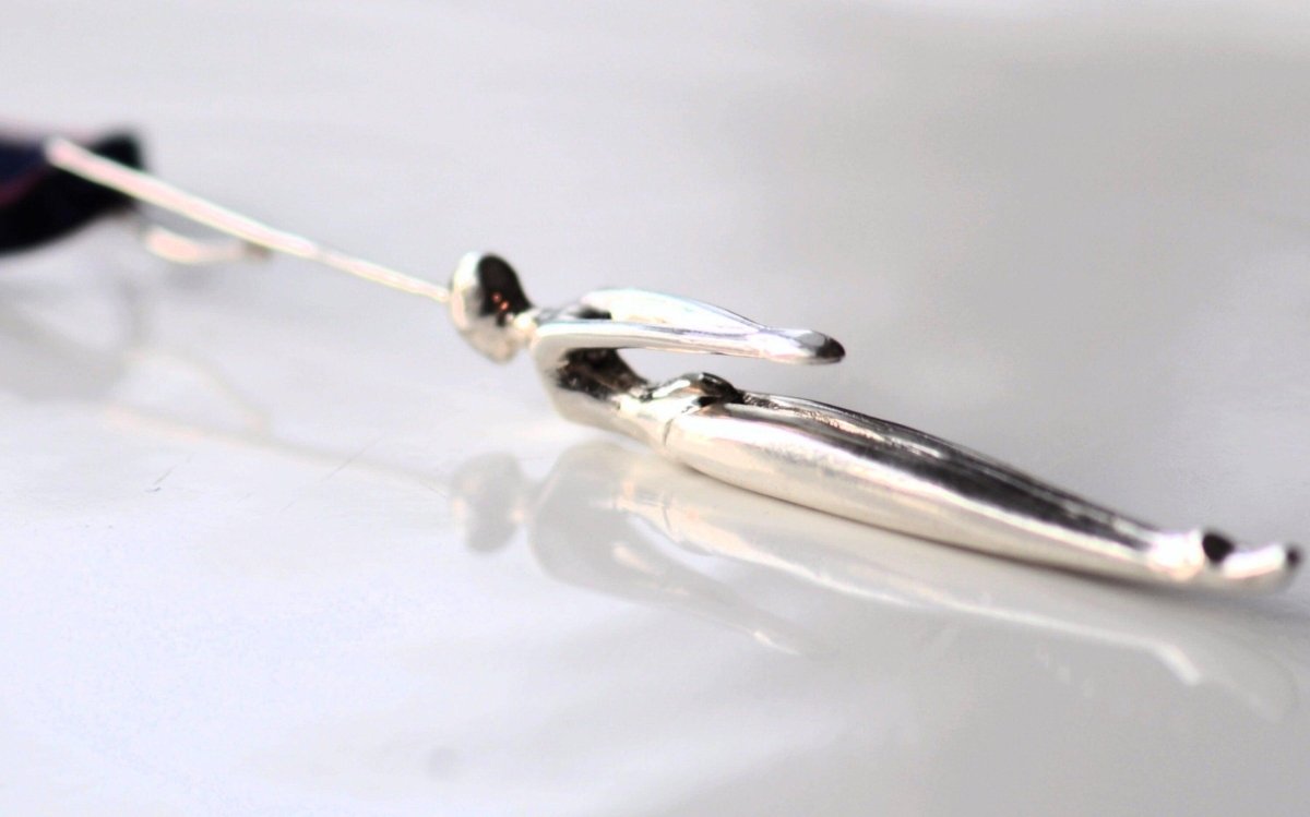 Handmade sterling silver artistic swimmer pendant necklace, elongated female figure wearable sculpture, made in Barcelona