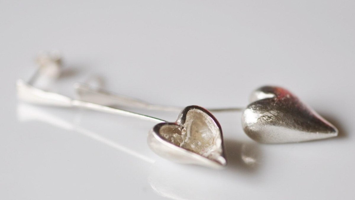 Handmade sterling silver big heart dangle earrings with reversible hollow and solid design, whimsical heart jewelry