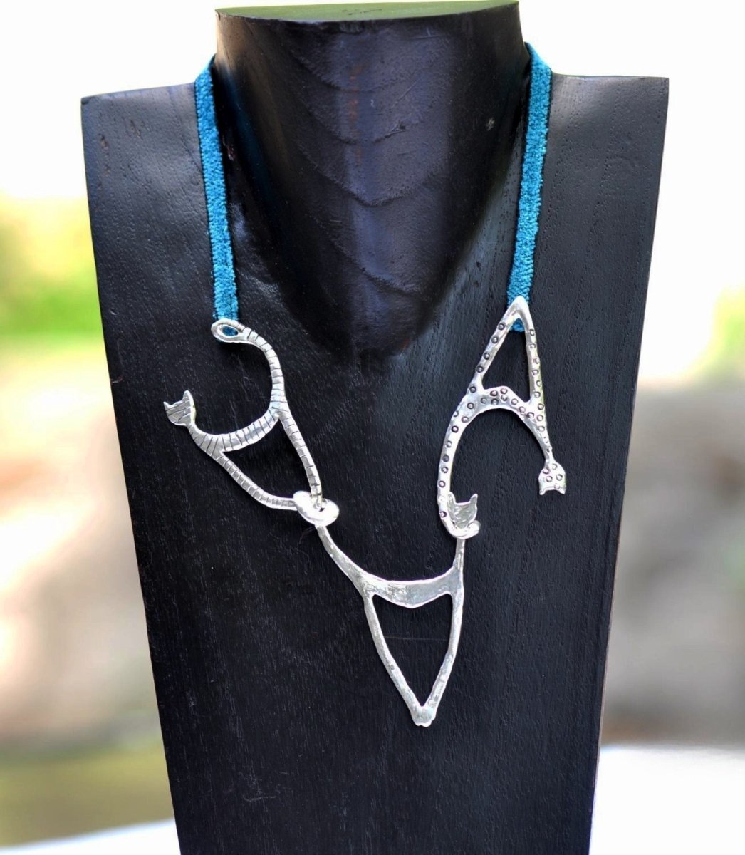 Handmade sterling silver cat trio necklace with three cat pendants on adjustable ribbon, whimsical cat jewelry