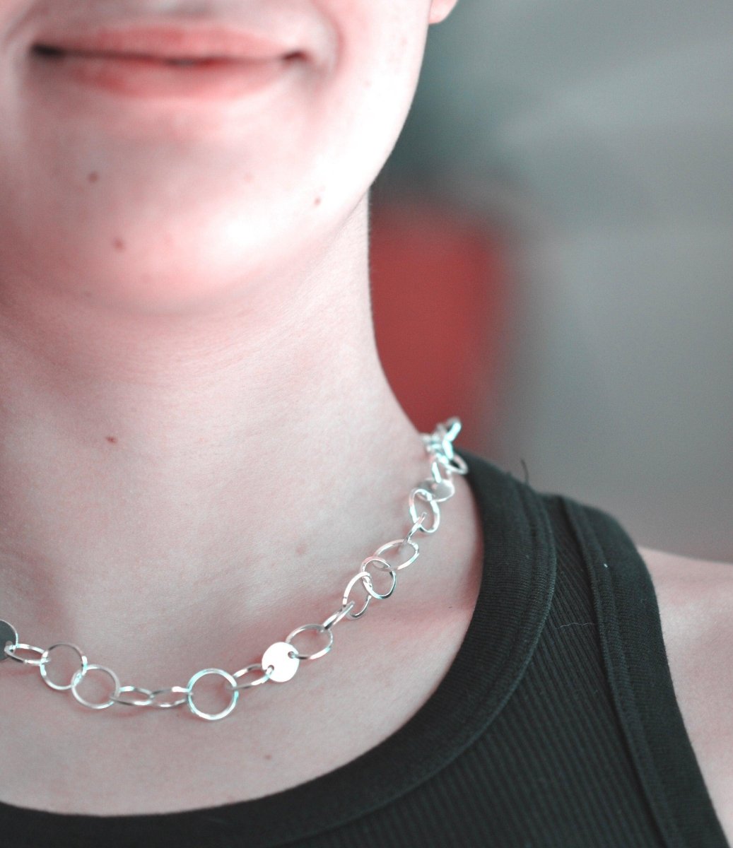 Handmade sterling silver circle link choker necklace with mixed size rings and disc accent, unisex polished chain jewelry