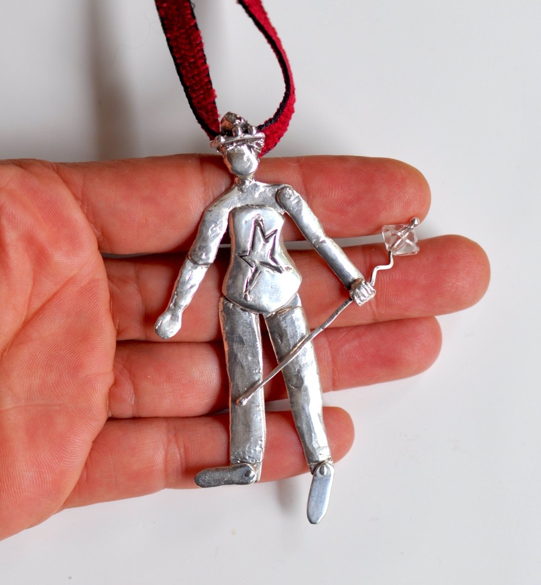 silver articulated ballerina pendant in red lace
