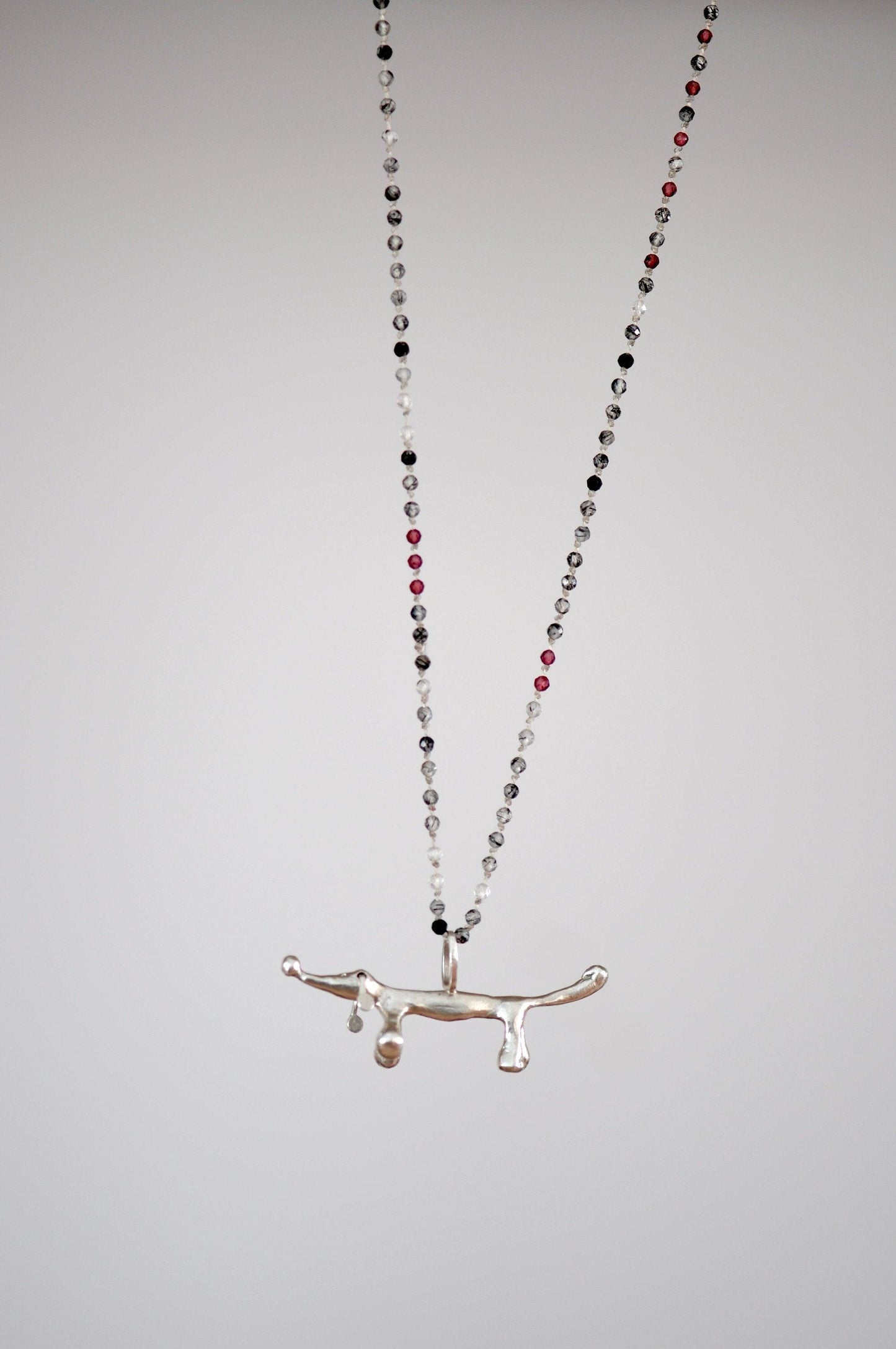 Gemstone Beaded Necklace With Silver Dachshund Charm