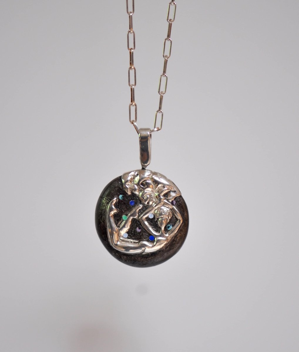 Handmade sterling silver swimming woman medallion necklace with multicolour gemstones, unique sculptural jewelry