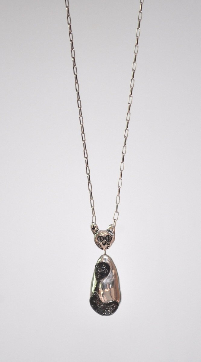 Handmade sterling silver tuxedo cat pendant necklace, whimsical cat jewelry with black patina