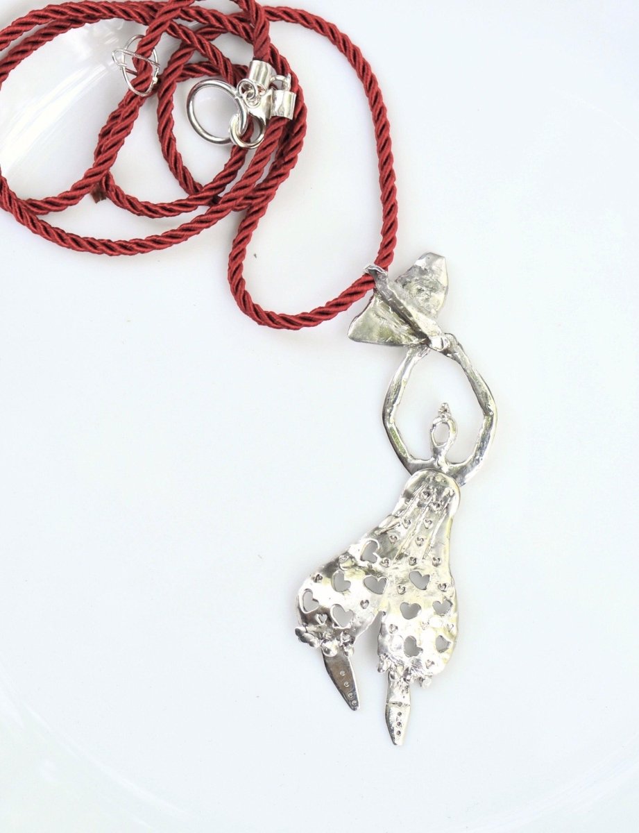 Handmade Sterling silver whimsical woman with bird pendant, red cord necklace, wearable sculpture jewelry, made in Barcelona