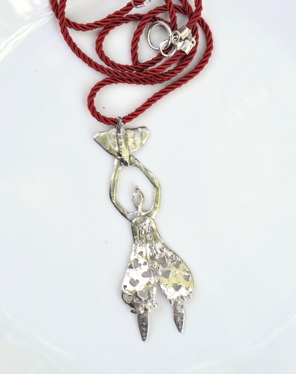 Handmade Sterling silver whimsical woman with bird pendant, red cord necklace, wearable sculpture jewelry, made in Barcelona