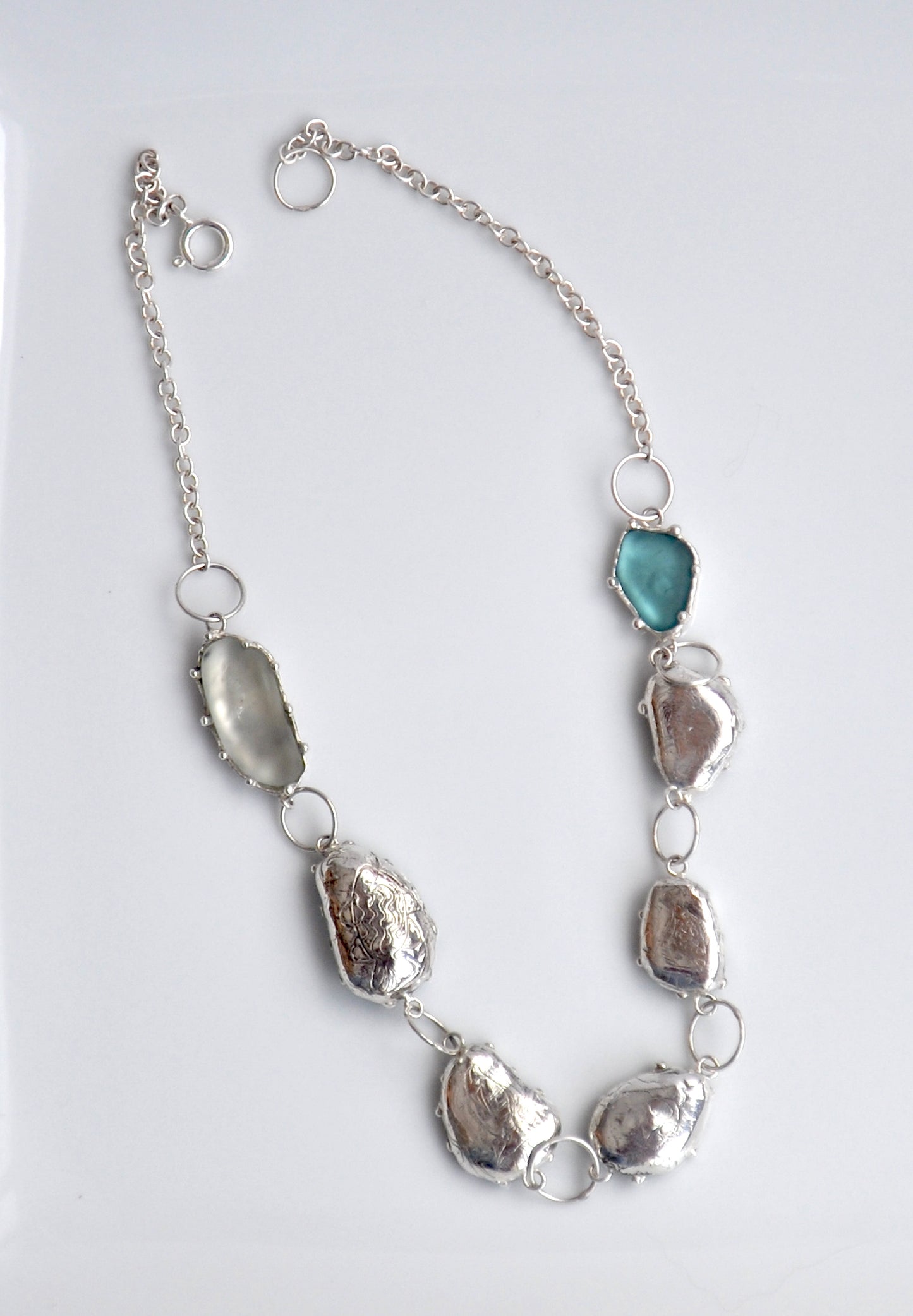 One-of-a-Kind Statement Sea Glass Necklace with Handpicked Stones in Etched Silver