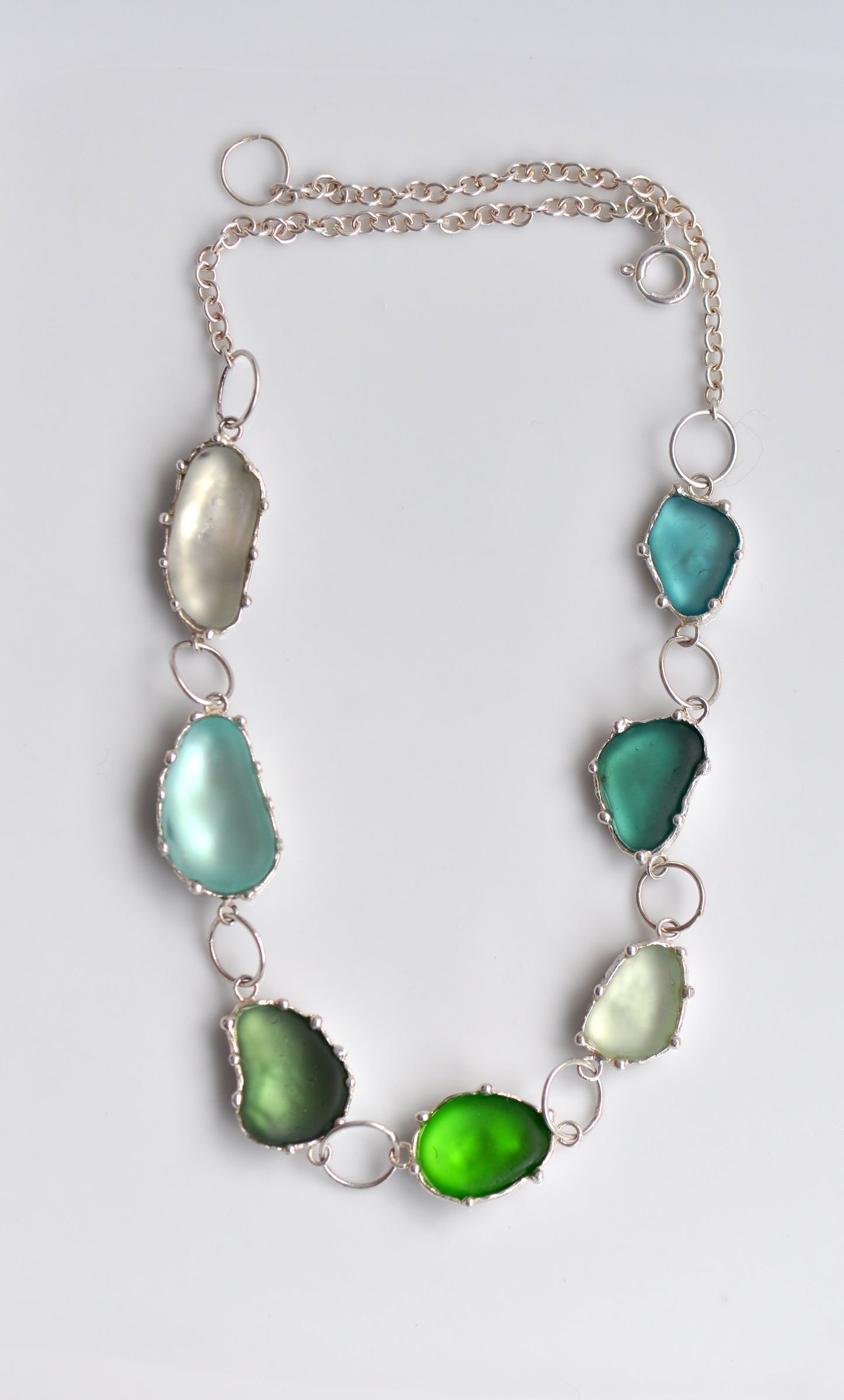 One-of-a-Kind Statement Sea Glass Necklace with Handpicked Stones in Etched Silver