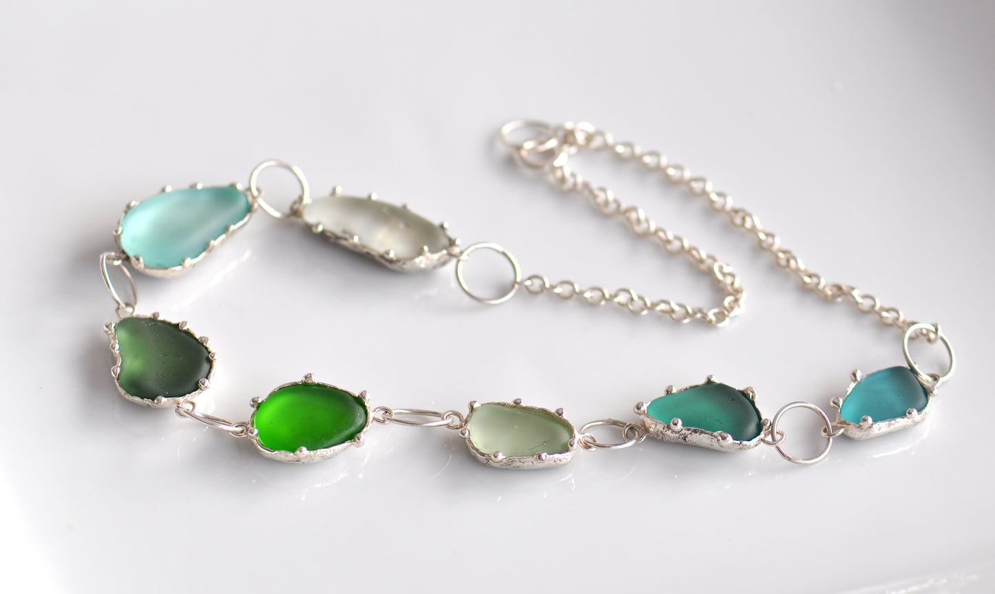 One-of-a-Kind Statement Sea Glass Necklace with Handpicked Stones in Etched Silver