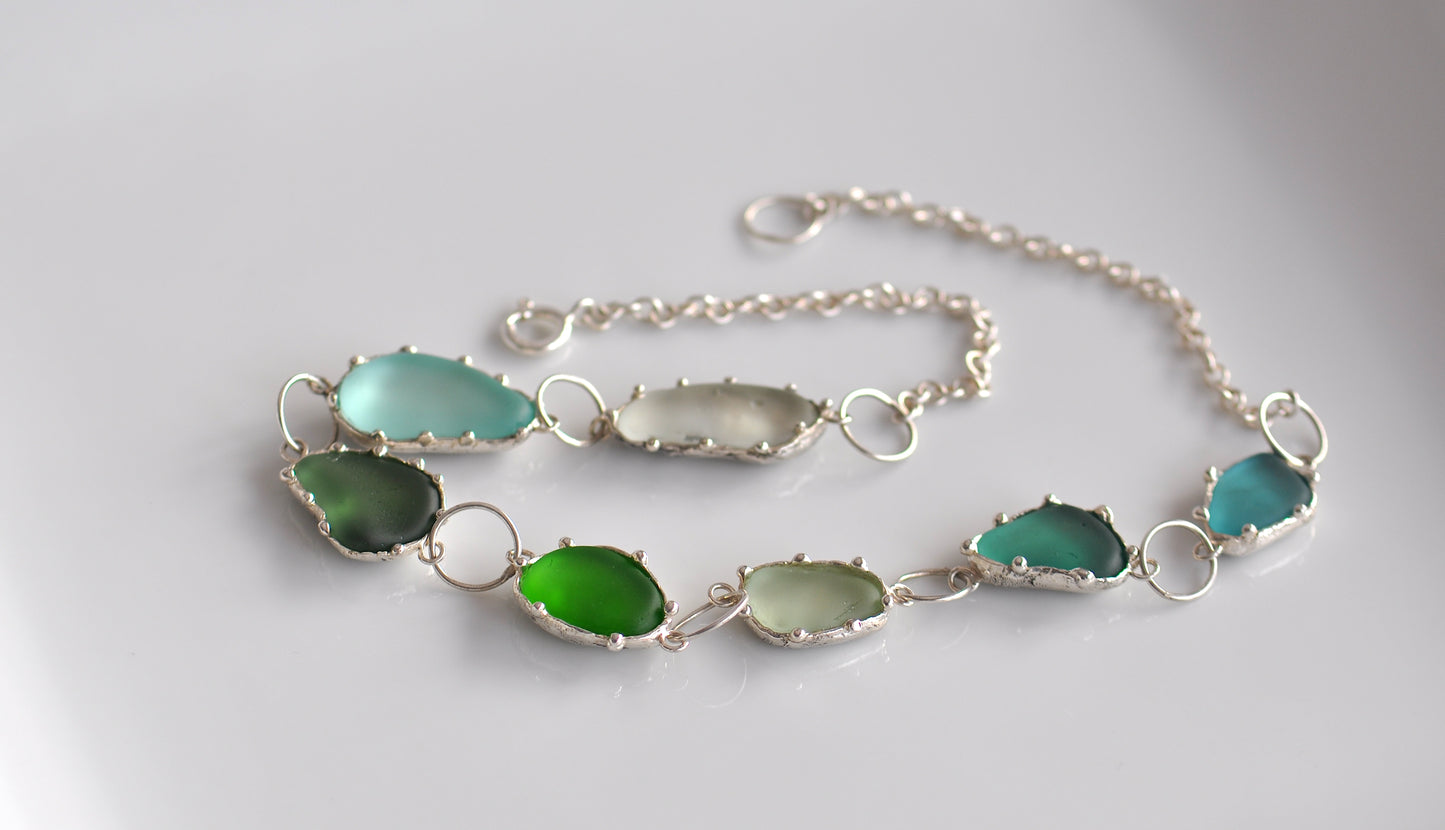 One-of-a-Kind Statement Sea Glass Necklace with Handpicked Stones in Etched Silver