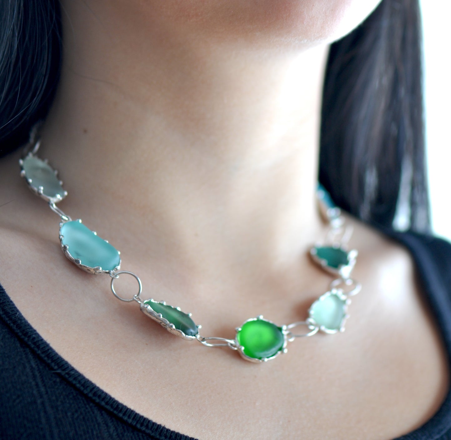 One-of-a-Kind Statement Sea Glass Necklace with Handpicked Stones in Etched Silver