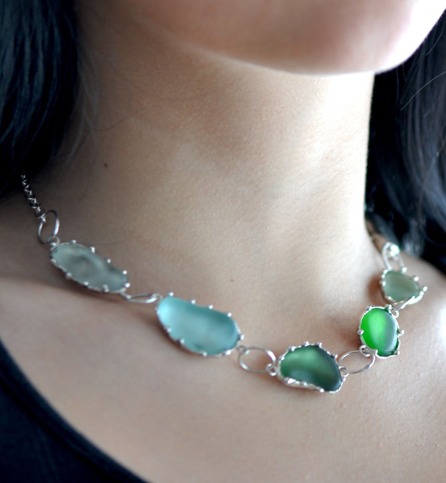 One-of-a-Kind Statement Sea Glass Necklace with Handpicked Stones in Etched Silver