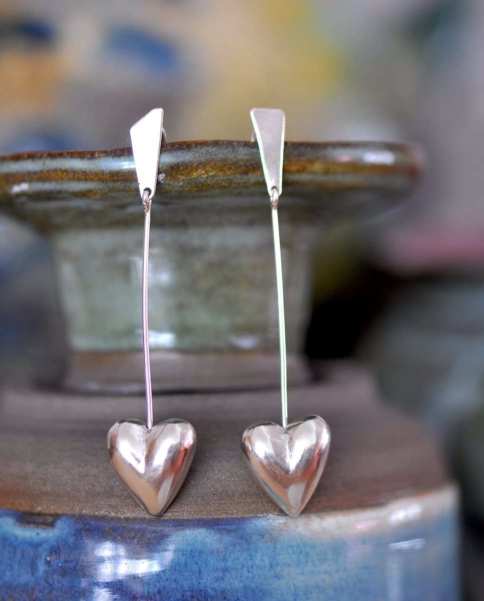 Handmade sterling silver big heart dangle earrings with reversible hollow and solid design, whimsical heart jewelry