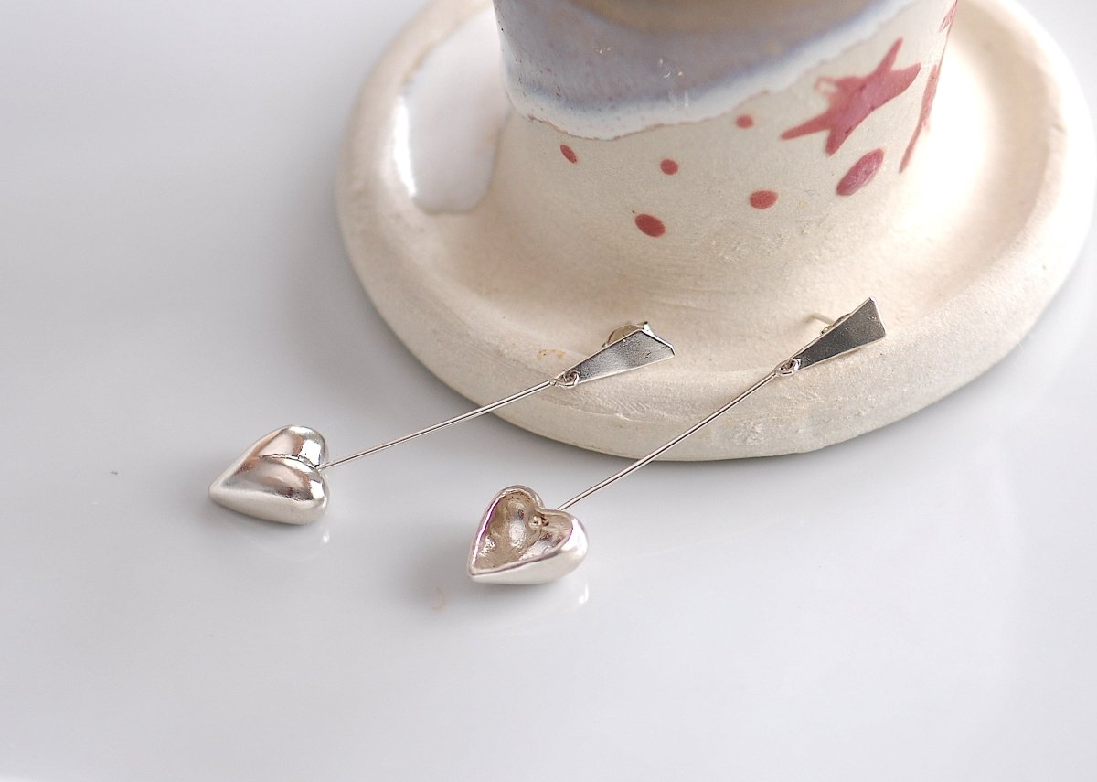 Handmade sterling silver big heart dangle earrings with reversible hollow and solid design, whimsical heart jewelry