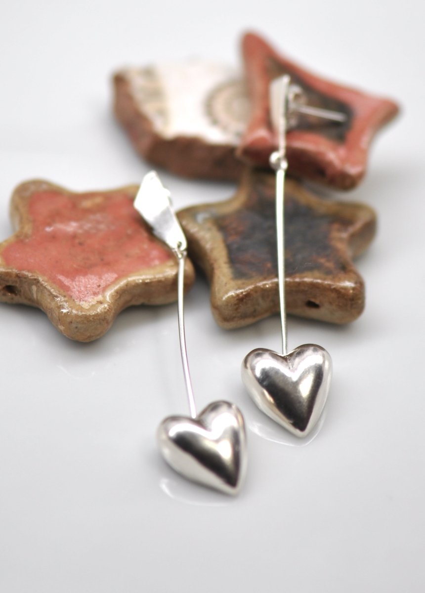 Handmade sterling silver big heart dangle earrings with reversible hollow and solid design, whimsical heart jewelry