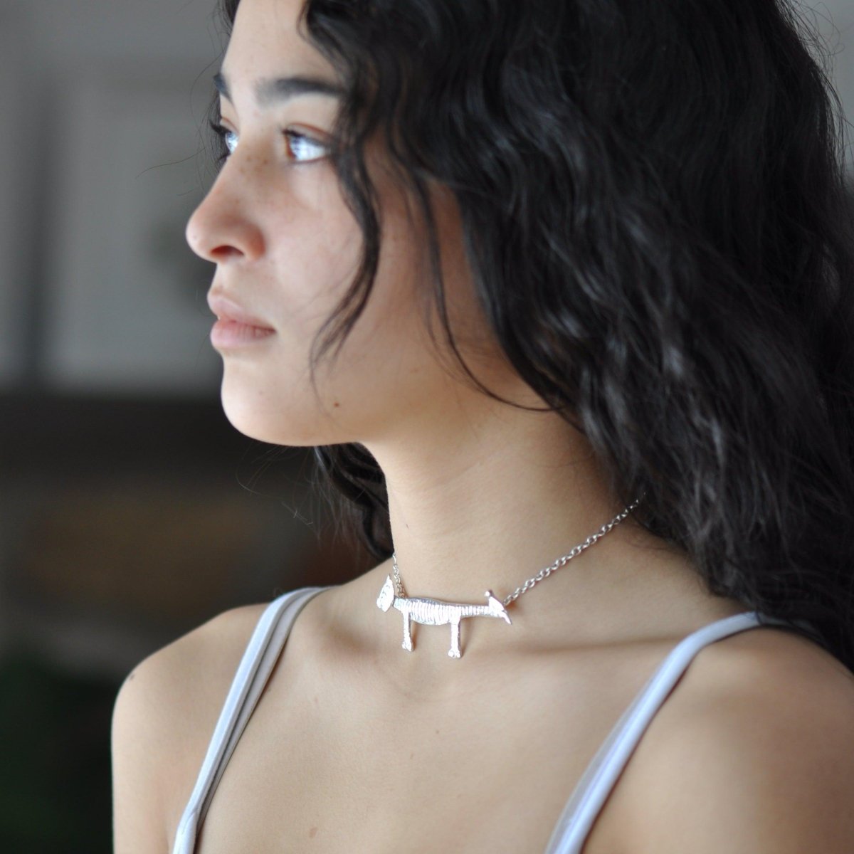 Handmade sterling silver cat and bird choker necklace, articulated pendant, whimsical cat jewelry, made in Barcelona
