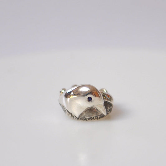 Handmade sterling silver robin bird nest ring with sapphire eyes and black patina, artisan nature jewelry