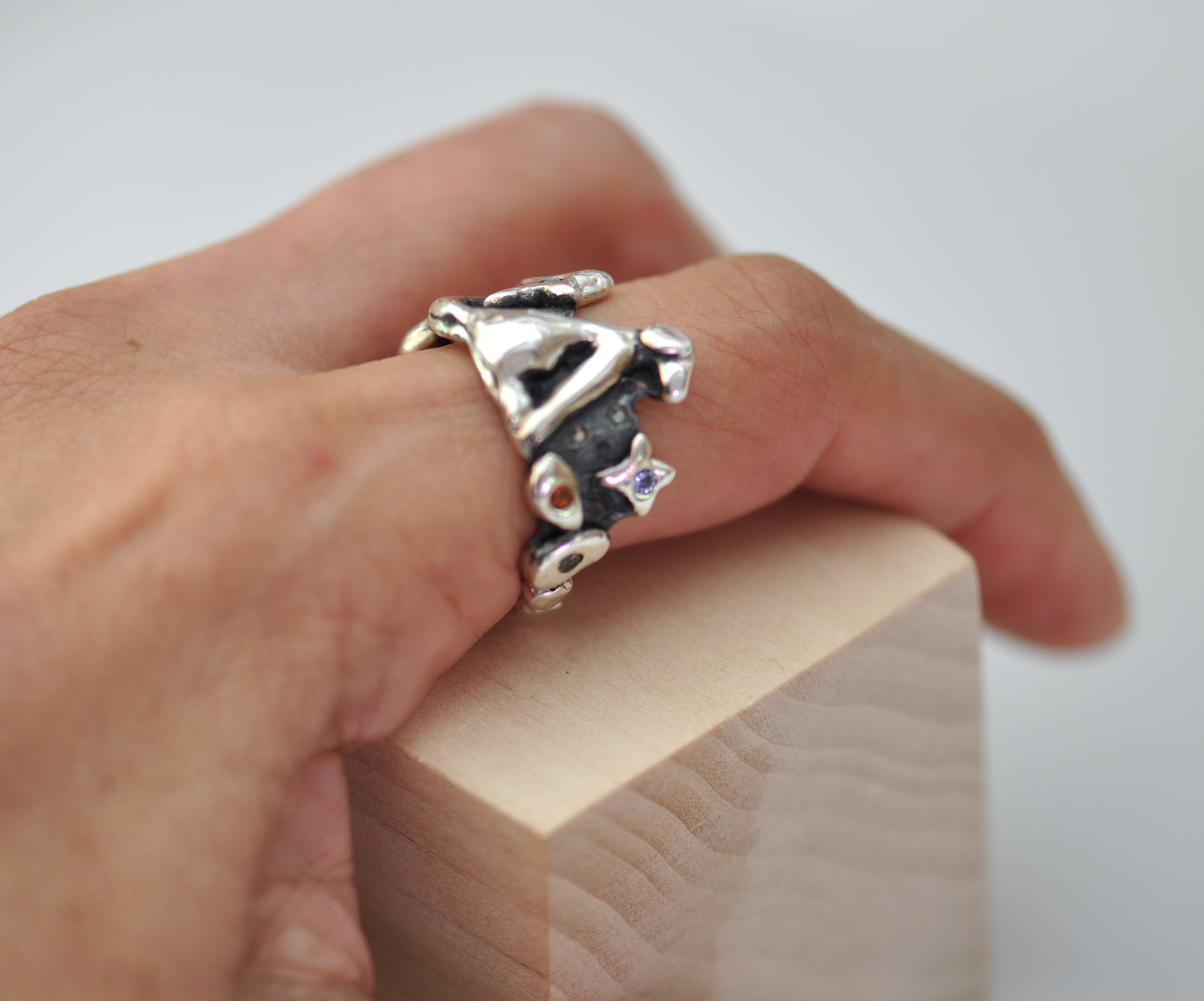 silver dog ring with gemstones