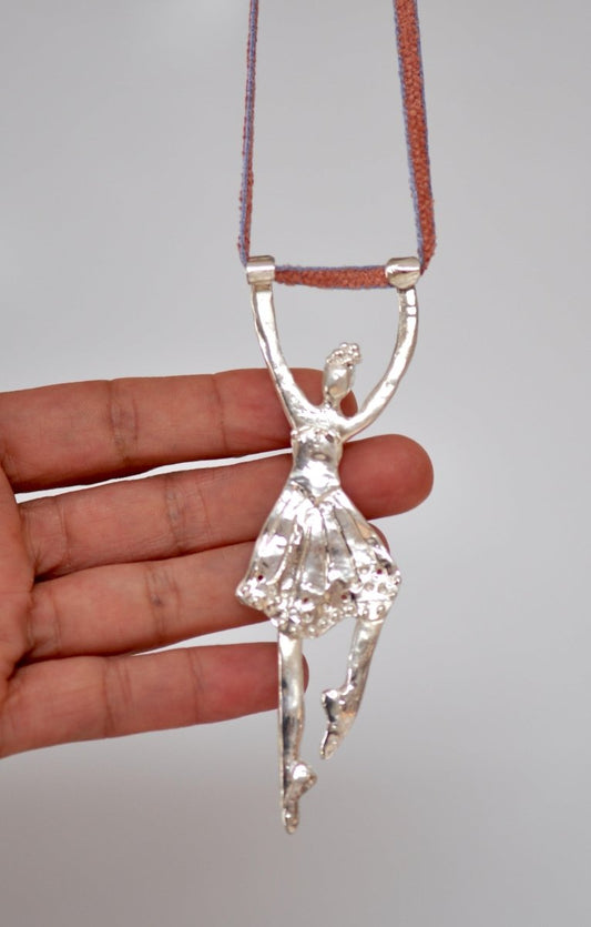Handmade large sterling silver articulated ballerina pendant necklace with pink ribbon, made in Barcelona