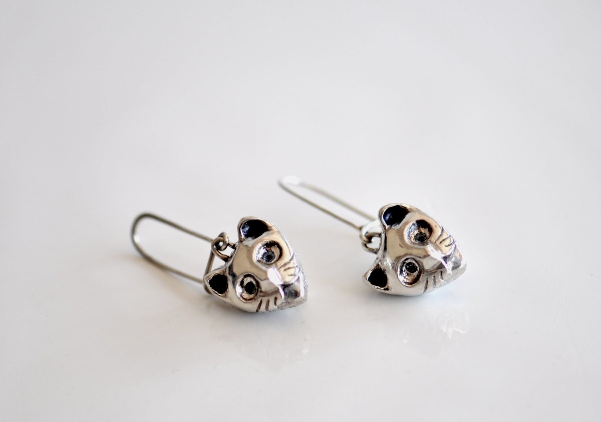 Sterling Silver Cat Earrings with Aquamarine — Dangle Cat Face Earrings | Handmade Cat Lover Gift