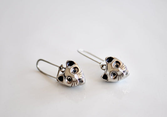 Sterling Silver Cat Earrings with Aquamarine — Dangle Cat Face Earrings | Handmade Cat Lover Gift